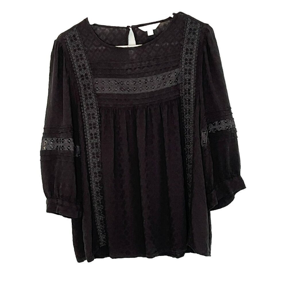 Womens Babydoll Top sz M Scoop Neck 3/4 Puff Sleeve Lace Black Y2K Wimsigoth